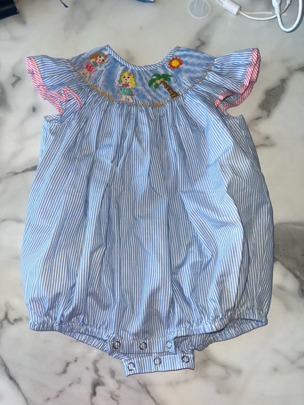 Classic Blue Stripe Baby One-Piece with Embroidered Yoke